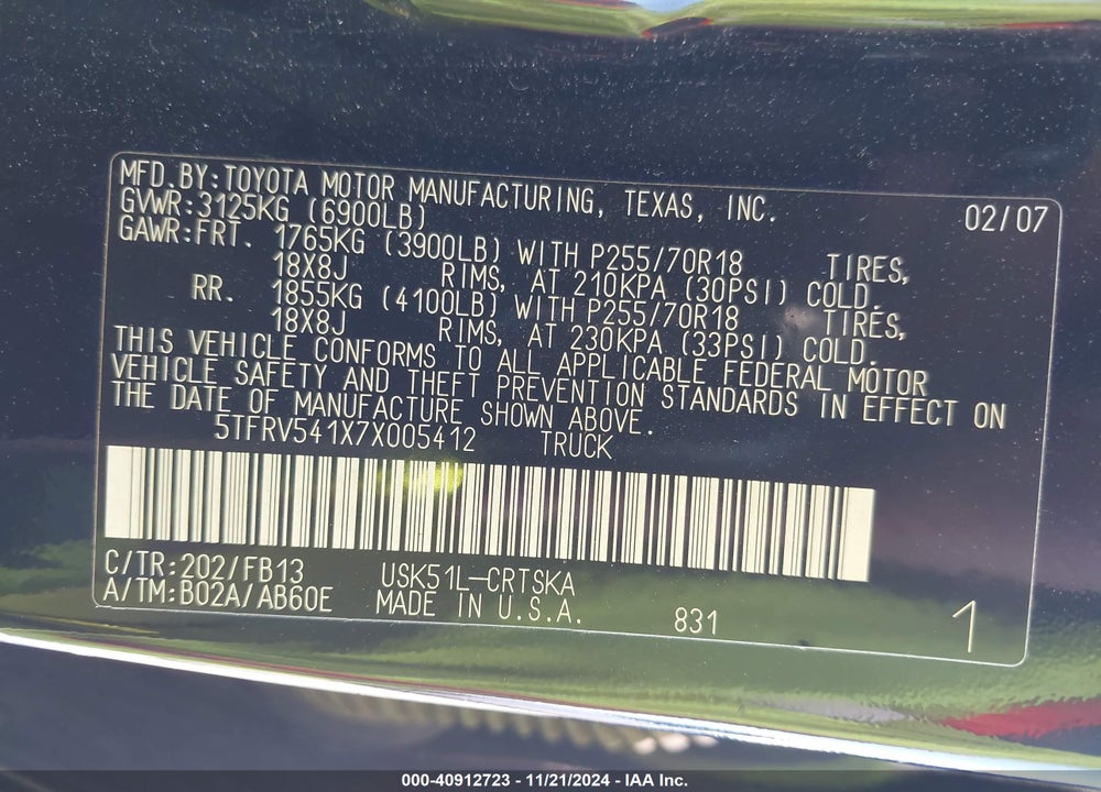 2007 TOYOTA TUNDRA SR5 V8 VIN: 5TFRV541X7X005412