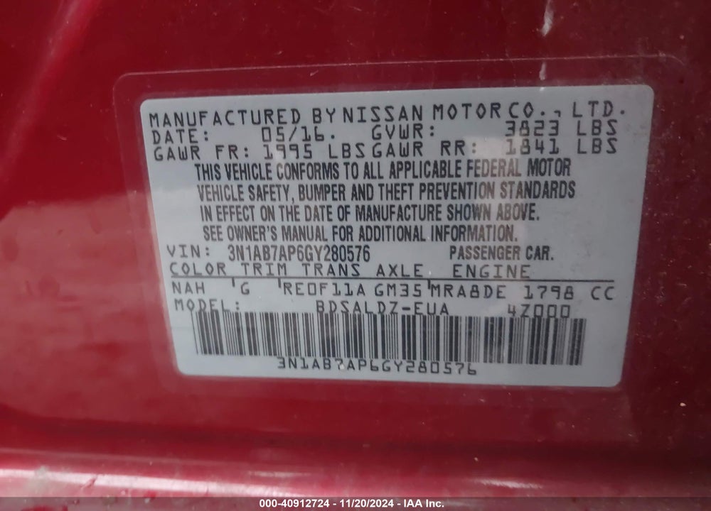 2016 NISSAN SENTRA VIN: 3N1AB7AP6GY280576