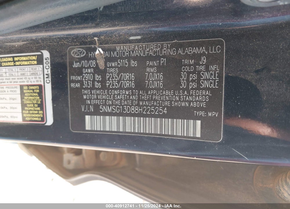 2008 HYUNDAI SANTA FE VIN: 5NMSG13D88H225254