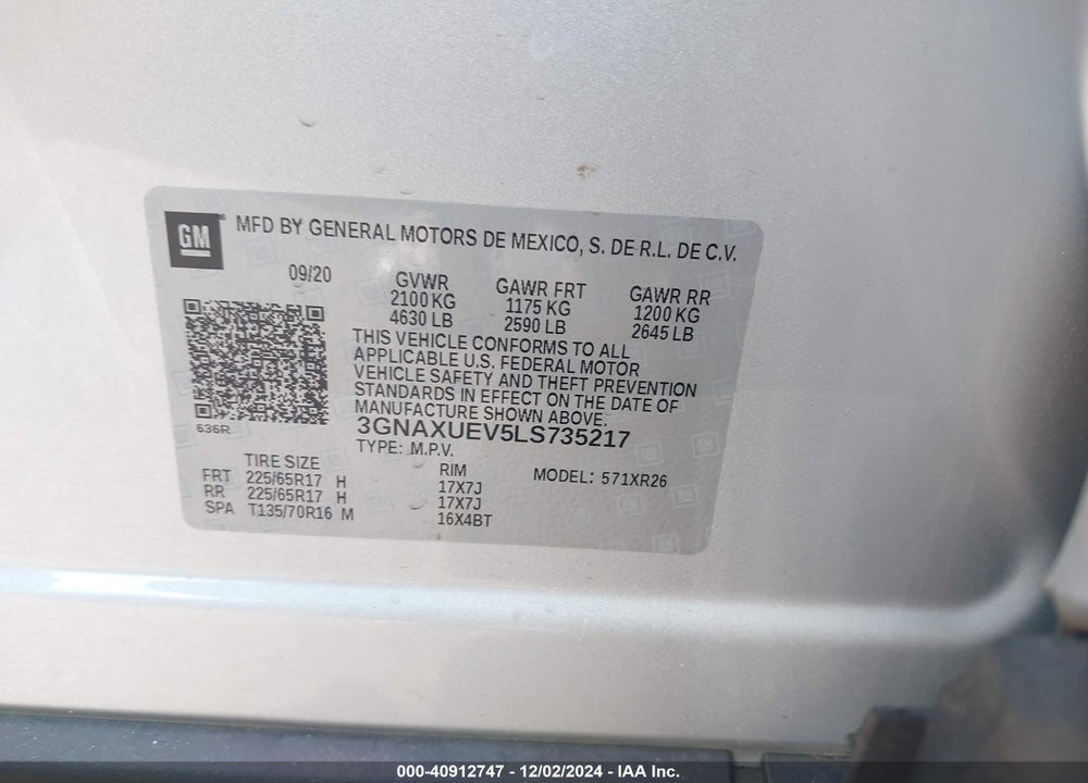 2020 CHEVROLET EQUINOX AWD LT 1.5L TURBO VIN: 3GNAXUEV5LS735217