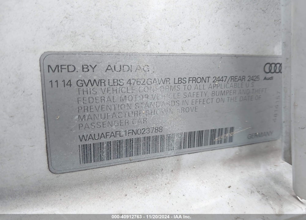 2015 AUDI A4 2.0T PREMIUM VIN: WAUAFAFL1FN023788