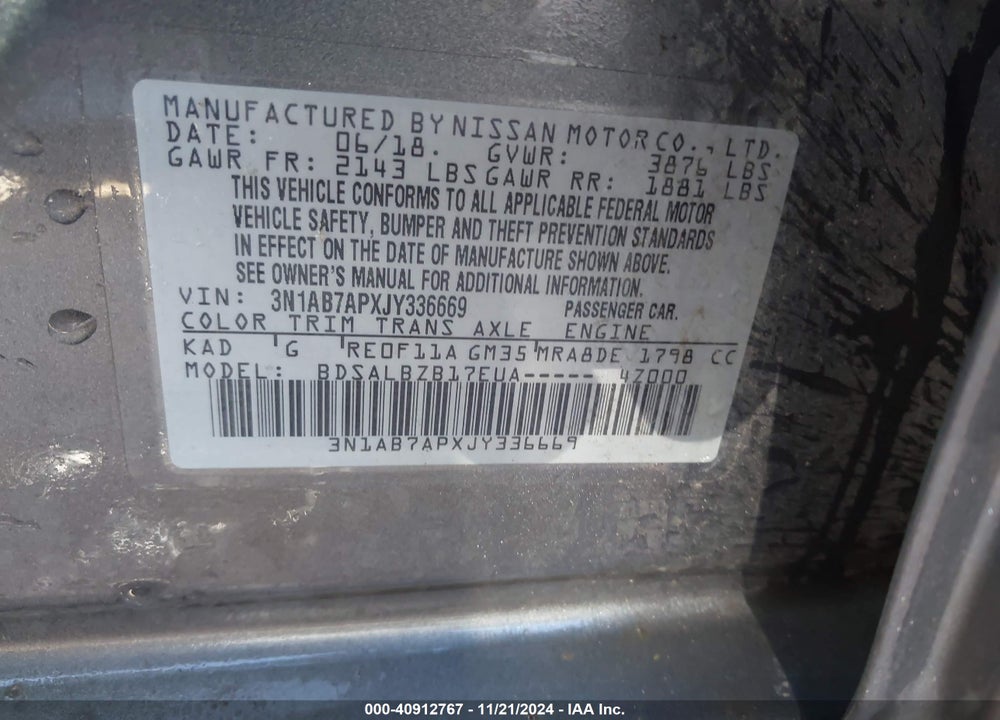 2018 NISSAN SENTRA VIN: 3N1AB7APXJY336669