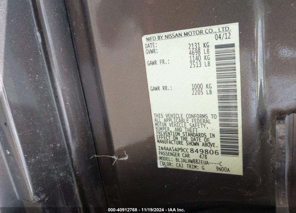 2012 NISSAN MAXIMA 3.5 SV VIN: 1N4AA5AP9CC849806