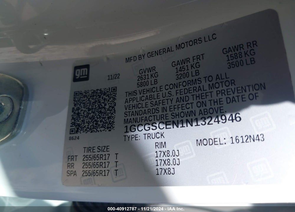 2022 CHEVROLET COLORADO 2WD SHORT BOX LT VIN: 1GCGSCEN1N1324946