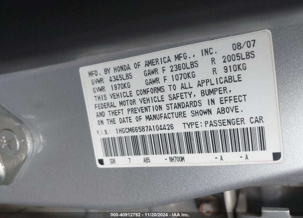2007 HONDA ACCORD 3.0 EX VIN: 1HGCM66587A104426