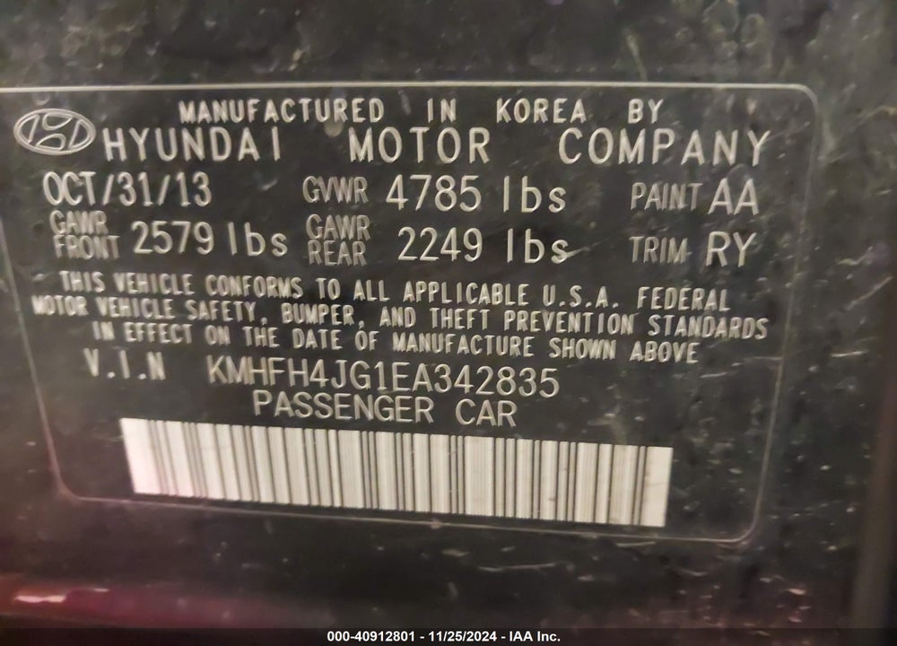 2014 HYUNDAI AZERA LIMITED VIN: KMHFH4JG1EA342835