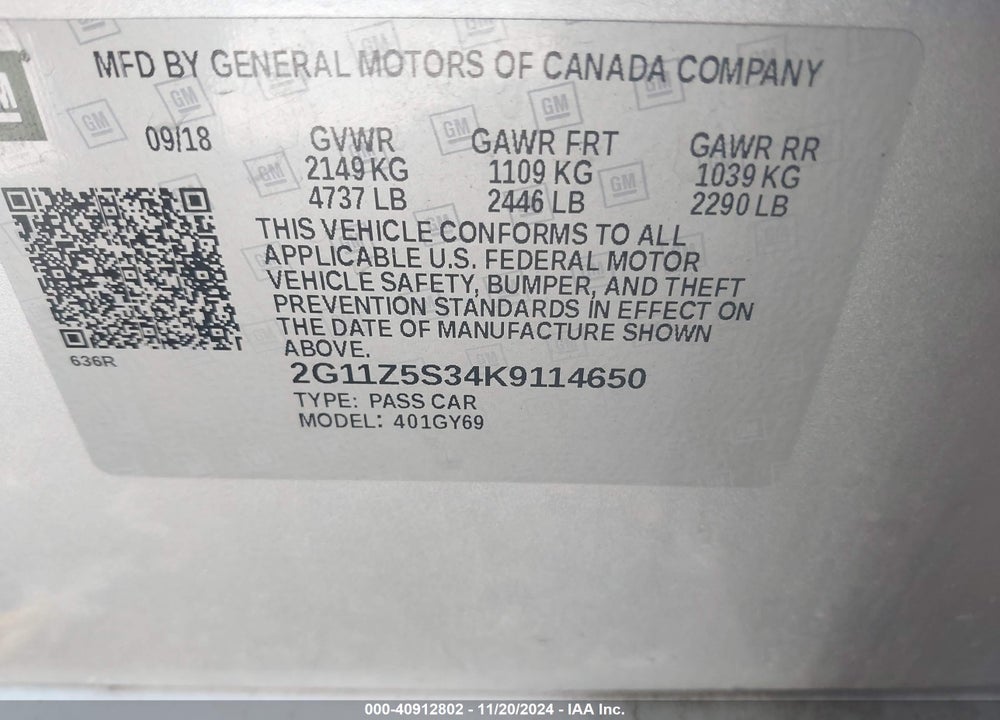 2019 CHEVROLET IMPALA VIN: 2G11Z5S34K9114650