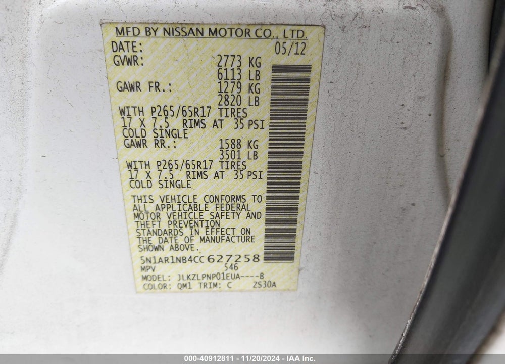 2012 NISSAN PATHFINDER SILVER VIN: 5N1AR1NB4CC627258