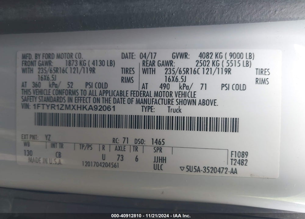 2017 FORD TRANSIT-250 VIN: 1FTYR1ZMXHKA92061