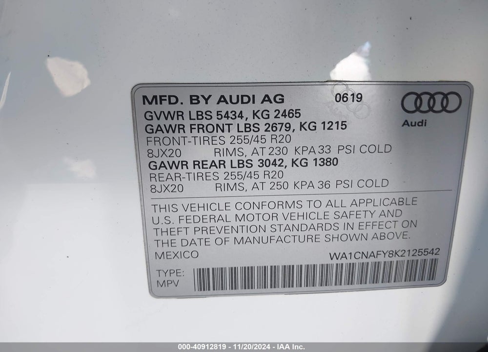 2019 AUDI Q5 45 PREMIUM VIN: WA1CNAFY8K2125542