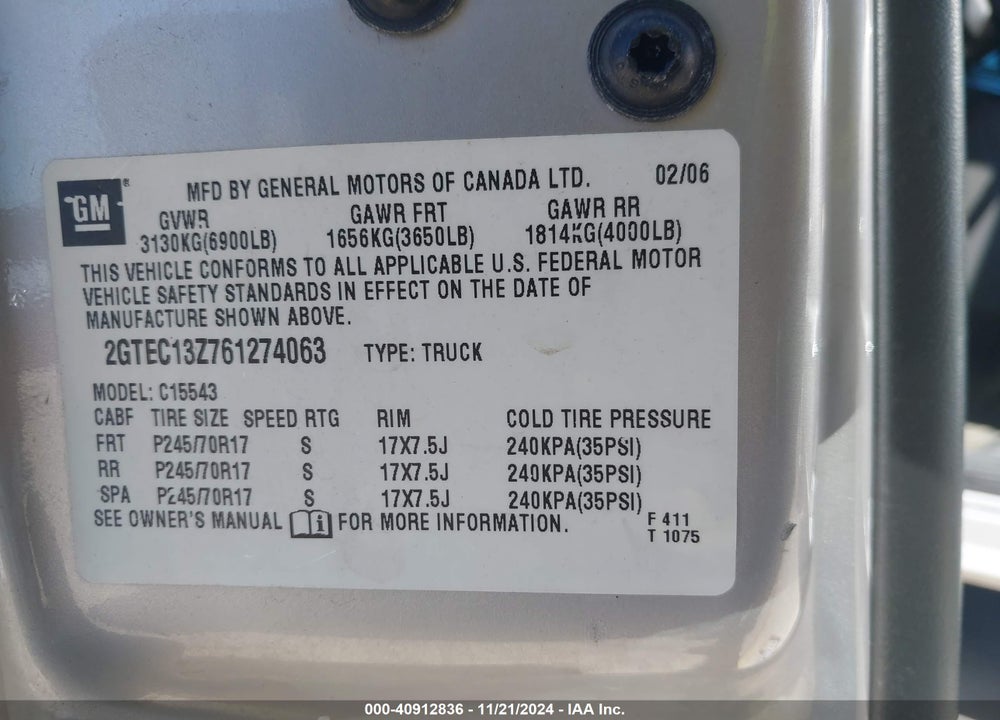 2006 GMC SIERRA 1500 SLE2 VIN: 2GTEC13Z761274063