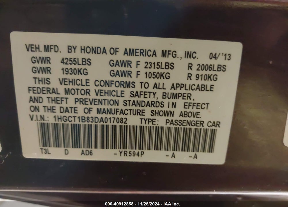 2013 HONDA ACCORD EX-L VIN: 1HGCT1B83DA017082