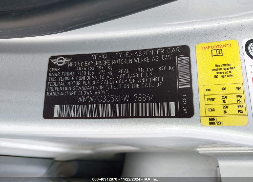 2011 MINI COOPER S COUNTRYMAN VIN: WMWZC3C5XBWL78864