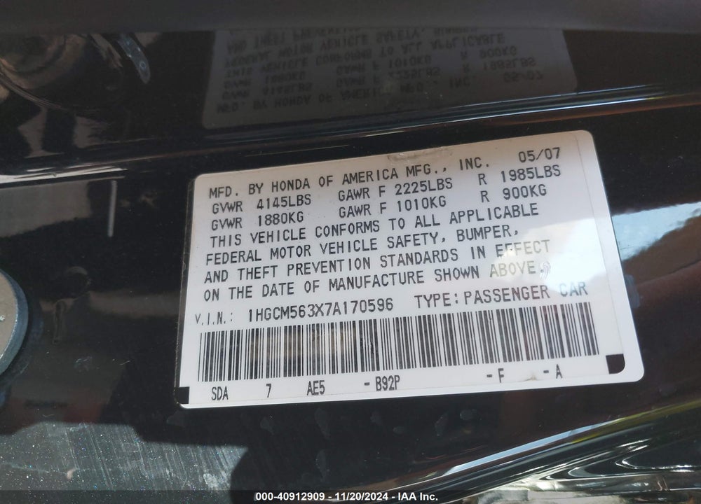 2007 HONDA ACCORD 2.4 SE VIN: 1HGCM563X7A170596