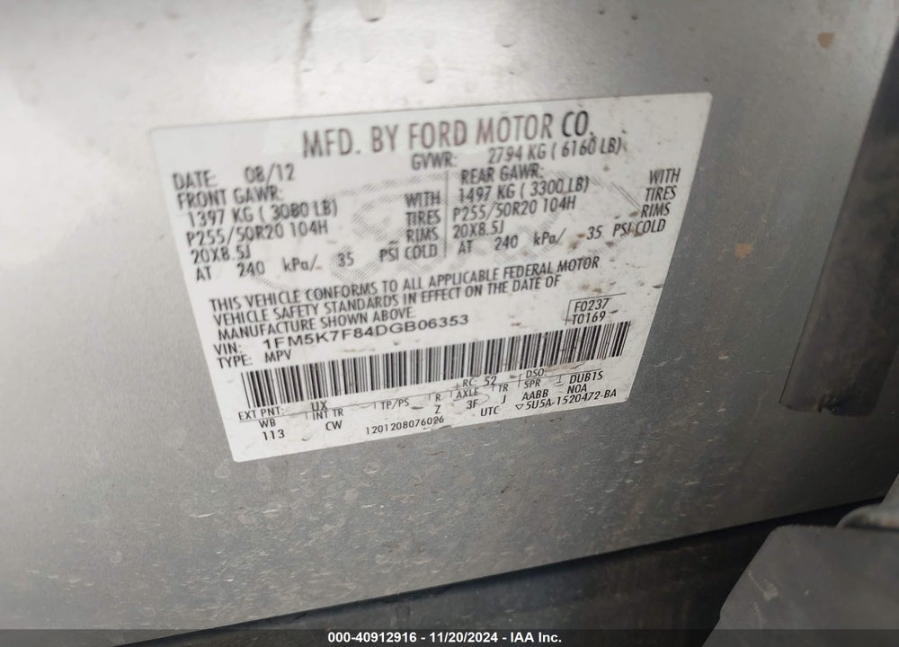 2013 FORD EXPLORER LIMITED VIN: 1FM5K7F84DGB06353