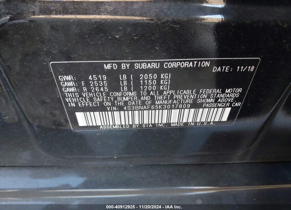 2019 SUBARU LEGACY 2.5I PREMIUM VIN: 4S3BNAF65K3017809