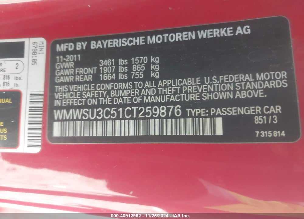 2012 MINI COOPER VIN: WMWSU3C51CT259876