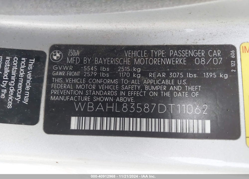 2007 BMW 750I VIN: WBAHL83587DT11062