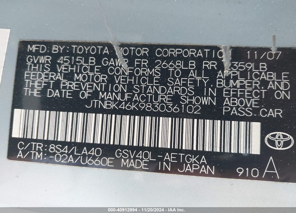 2008 TOYOTA CAMRY XLE V6 VIN: JTNBK46K983036102