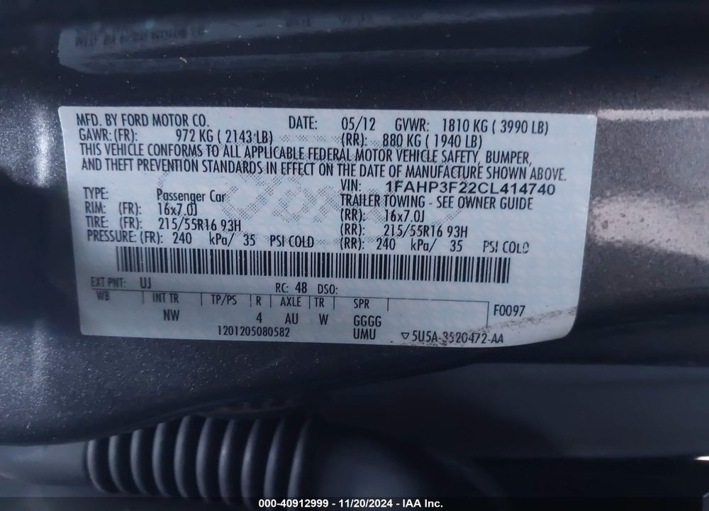2012 FORD FOCUS VIN: 1FAHP3F22CL414740