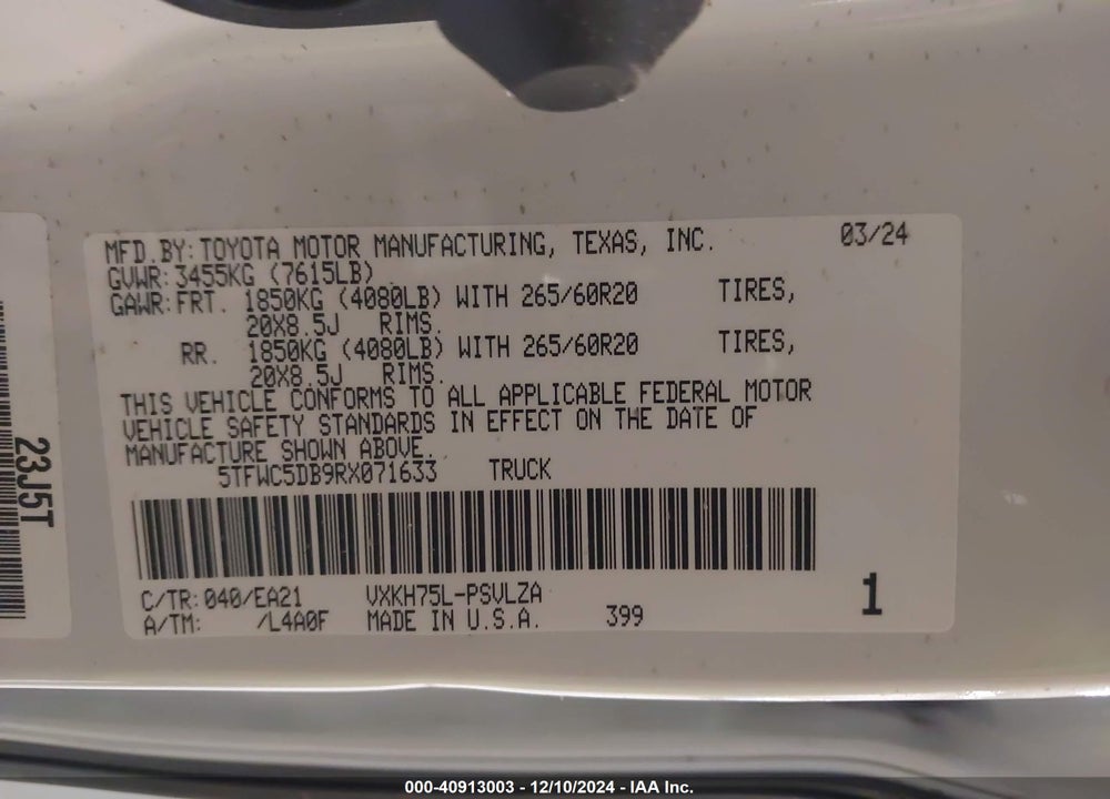 2024 TOYOTA TUNDRA HYBRID LIMITED VIN: 5TFWC5DB9RX071633