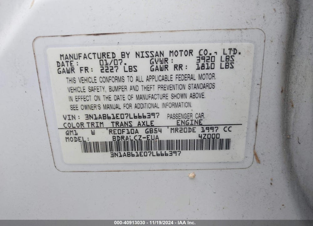2007 NISSAN SENTRA 2.0 VIN: 3N1AB61E07L666397