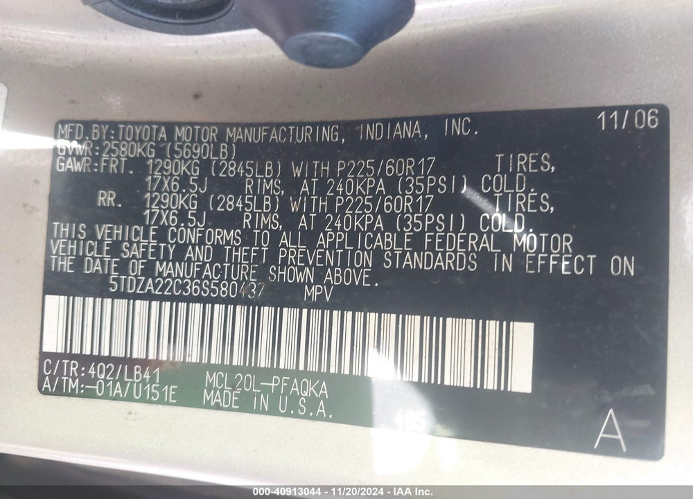 2006 TOYOTA SIENNA XLE LIMITED VIN: 5TDZA22C36S580437