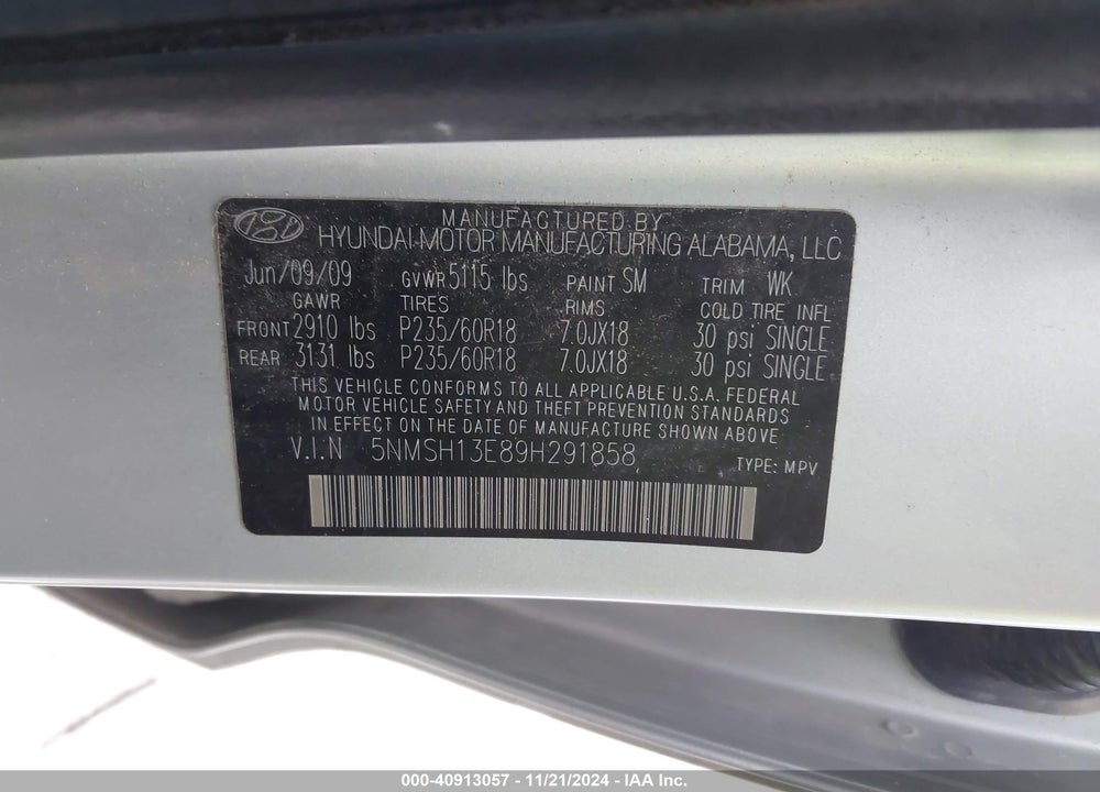 2009 HYUNDAI SANTA FE LIMITED VIN: 5NMSH13E89H291858