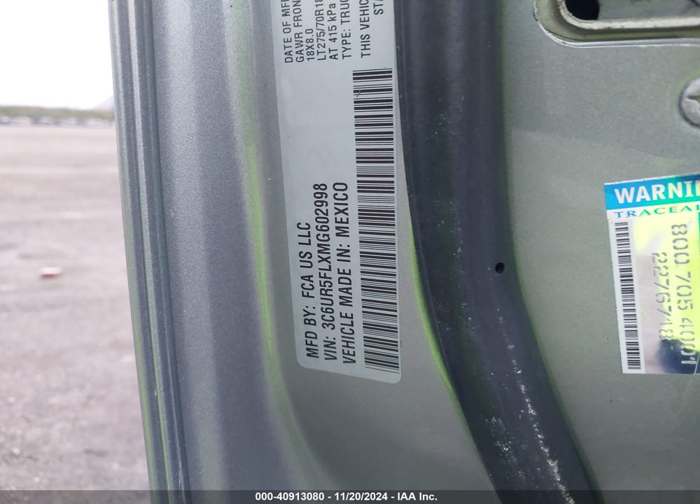 2021 RAM 2500 LAIE  4X4 6'4 BOX VIN: 3C6UR5FLXMG602998