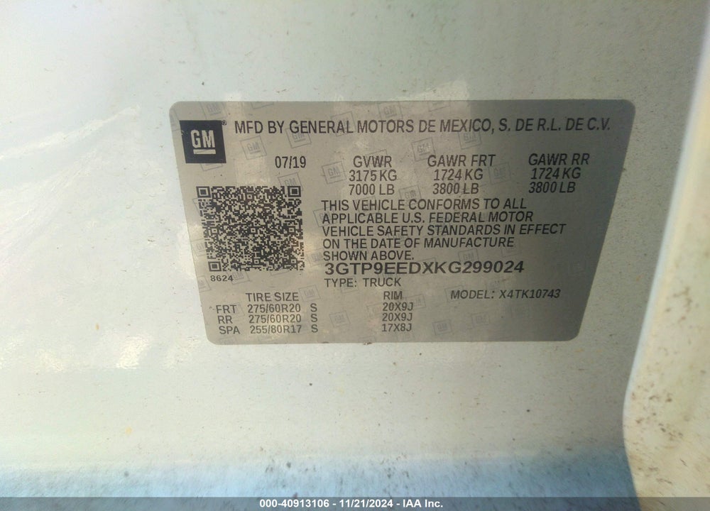 2019 GMC SIERRA 1500 AT4 VIN: 3GTP9EEDXKG299024