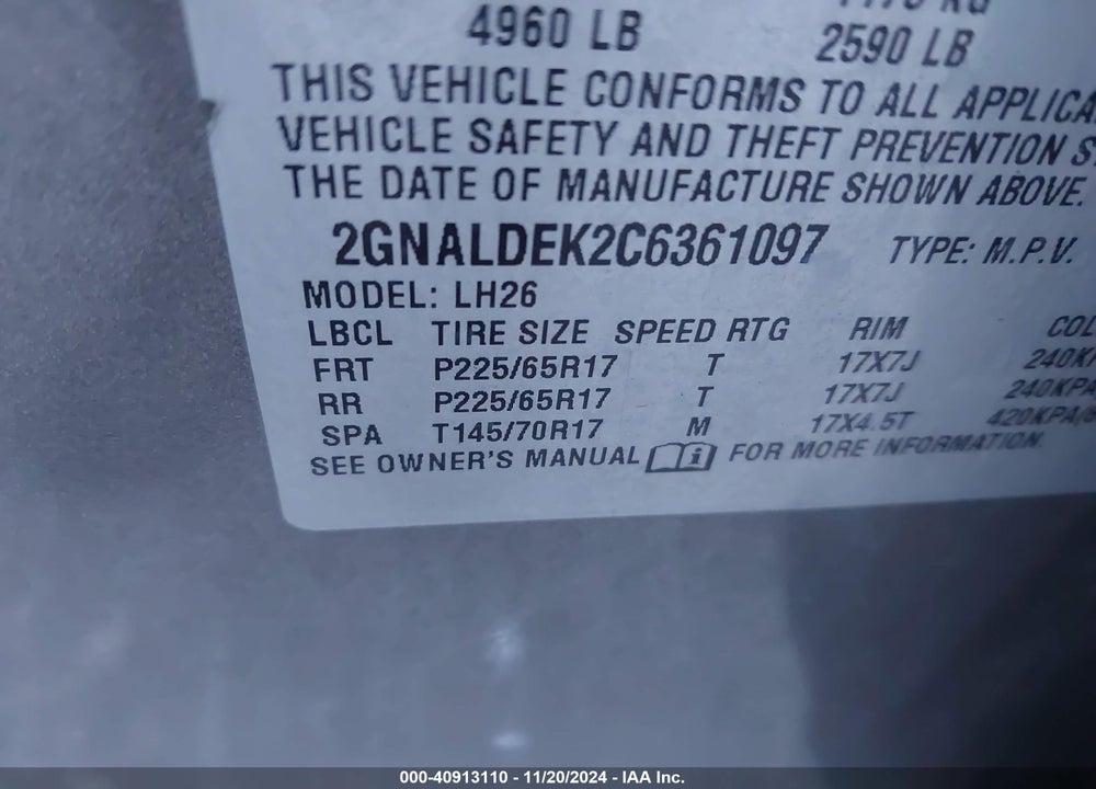2012 CHEVROLET EQUINOX 1LT VIN: 2GNALDEK2C6361097