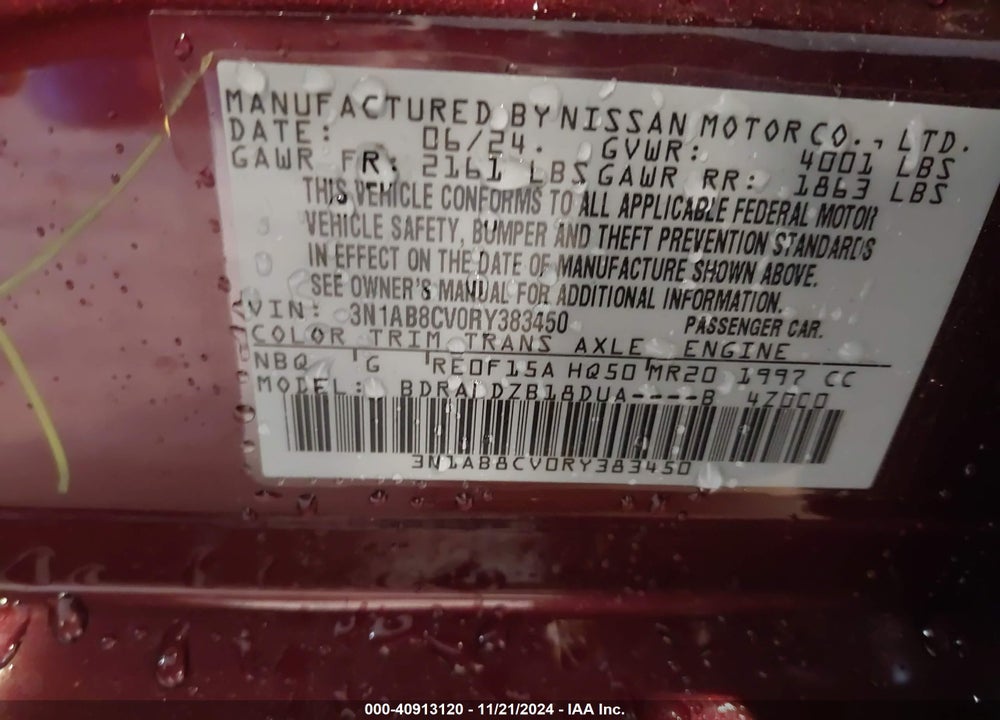2024 NISSAN SENTRA VIN: 3N1AB8CV0RY383450