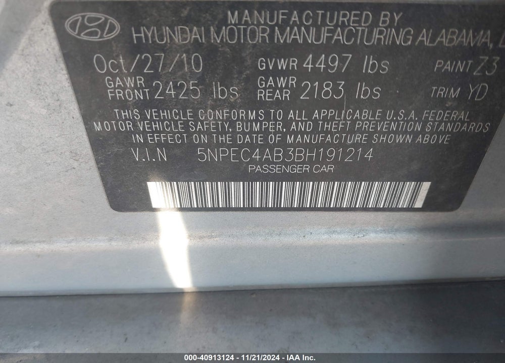 2011 HYUNDAI SONATA LIMITED 2.0T VIN: 5NPEC4AB3BH191214