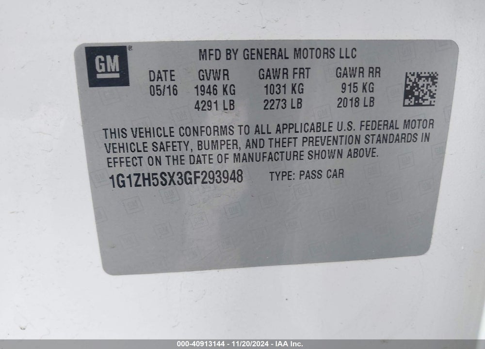 2016 CHEVROLET MALIBU VIN: 1G1ZH5SX3GF293948
