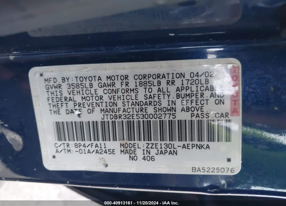 2003 TOYOTA COROLLA LE VIN: JTDBR32E530002775