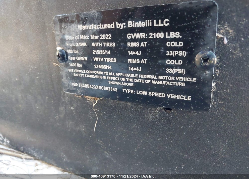 2022 BINITELLI GOLF CART VIN: 7R3BB423XNC002848
