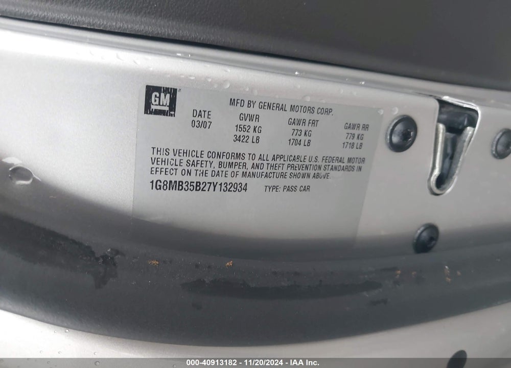2007 SATURN SKY VIN: 1G8MB35B27Y132934