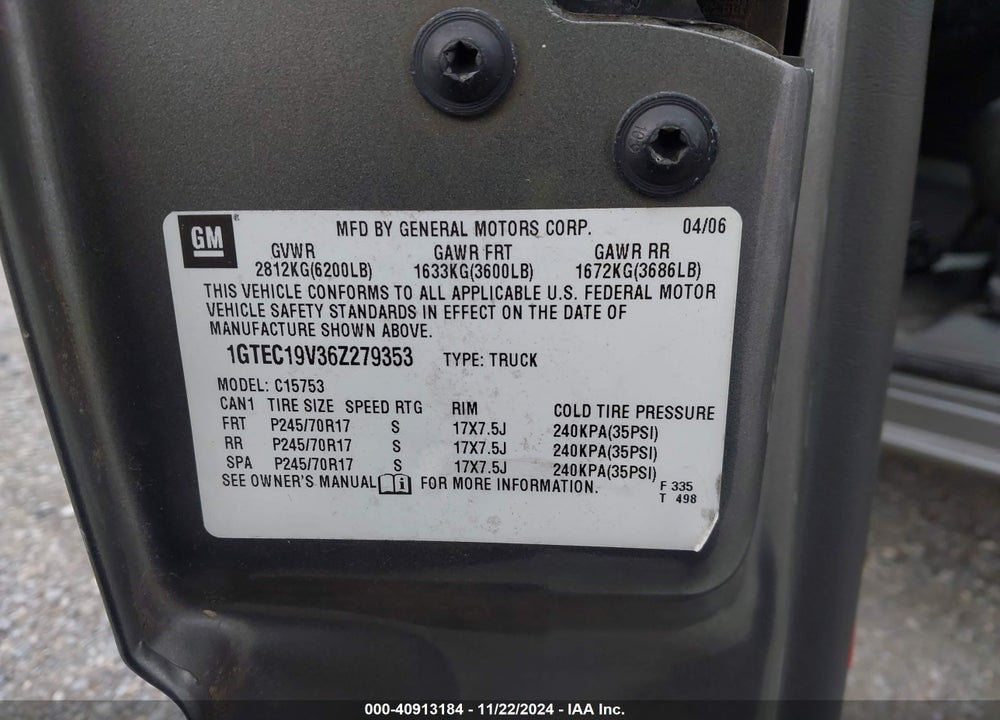 2006 GMC SIERRA 1500 WORK TRUCK VIN: 1GTEC19V36Z279353