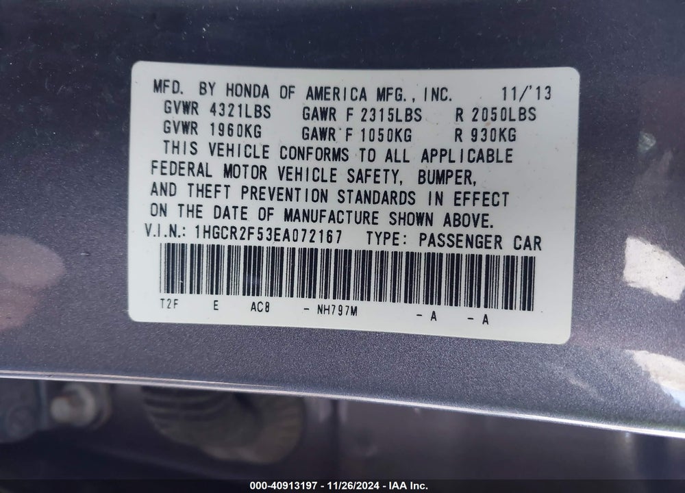 2014 HONDA ACCORD SPORT VIN: 1HGCR2F53EA072167