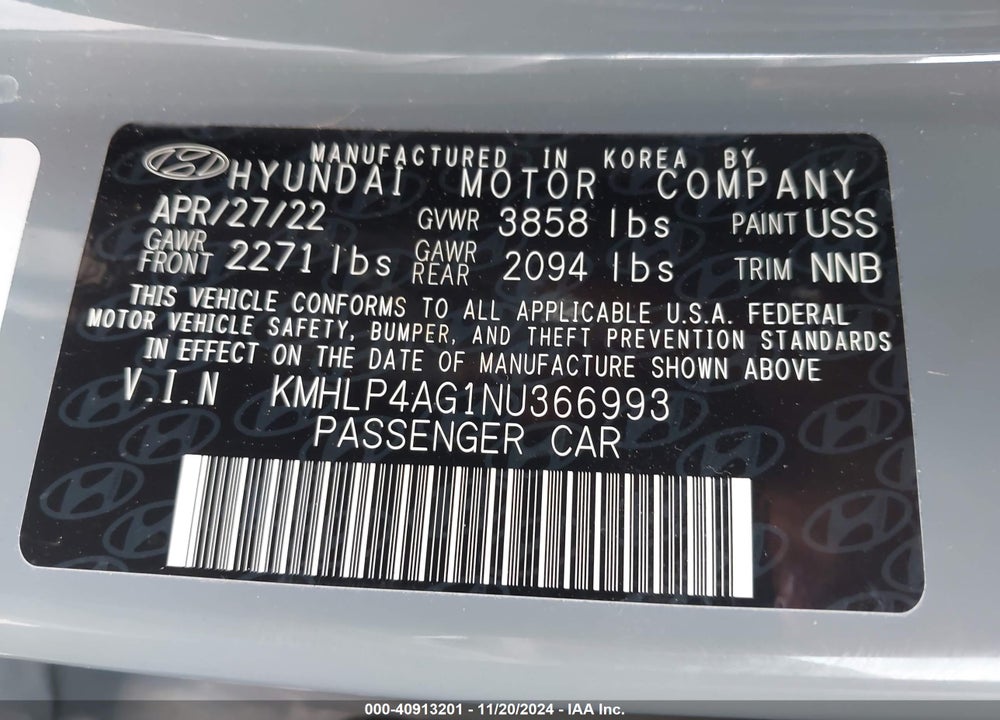 2022 HYUNDAI ELANTRA LIMITED VIN: KMHLP4AG1NU366993