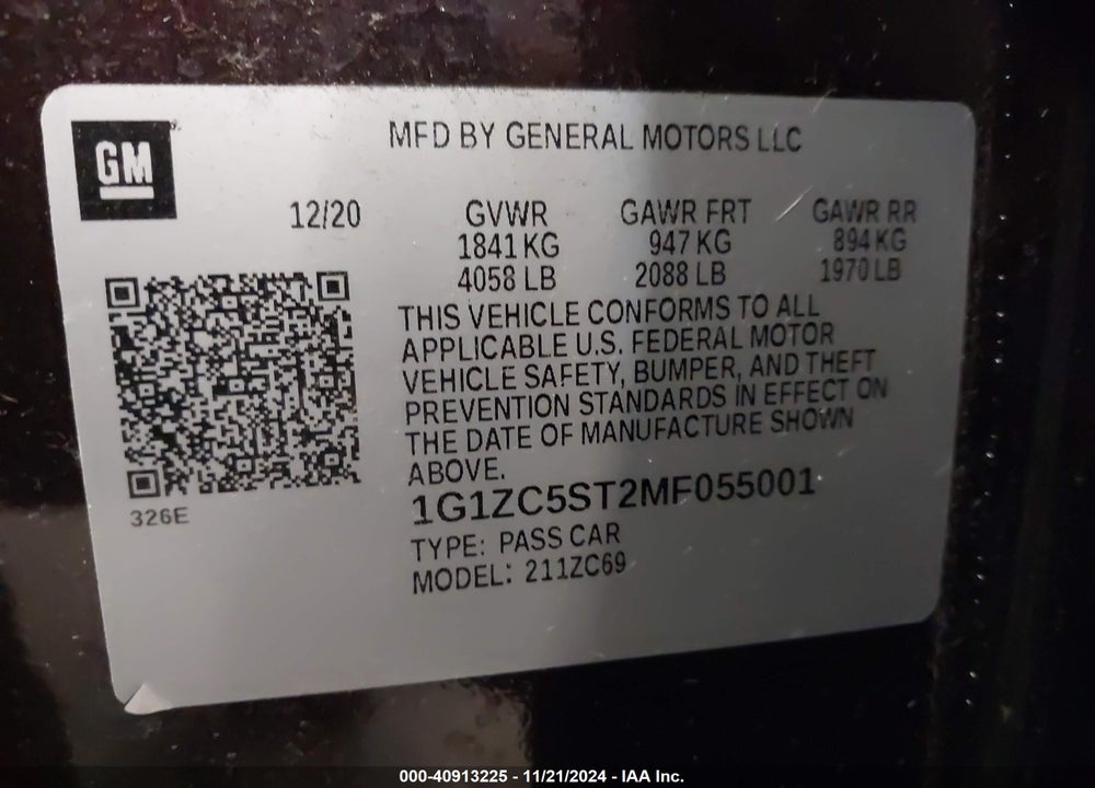 2021 CHEVROLET MALIBU VIN: 1G1ZC5ST2MF055001