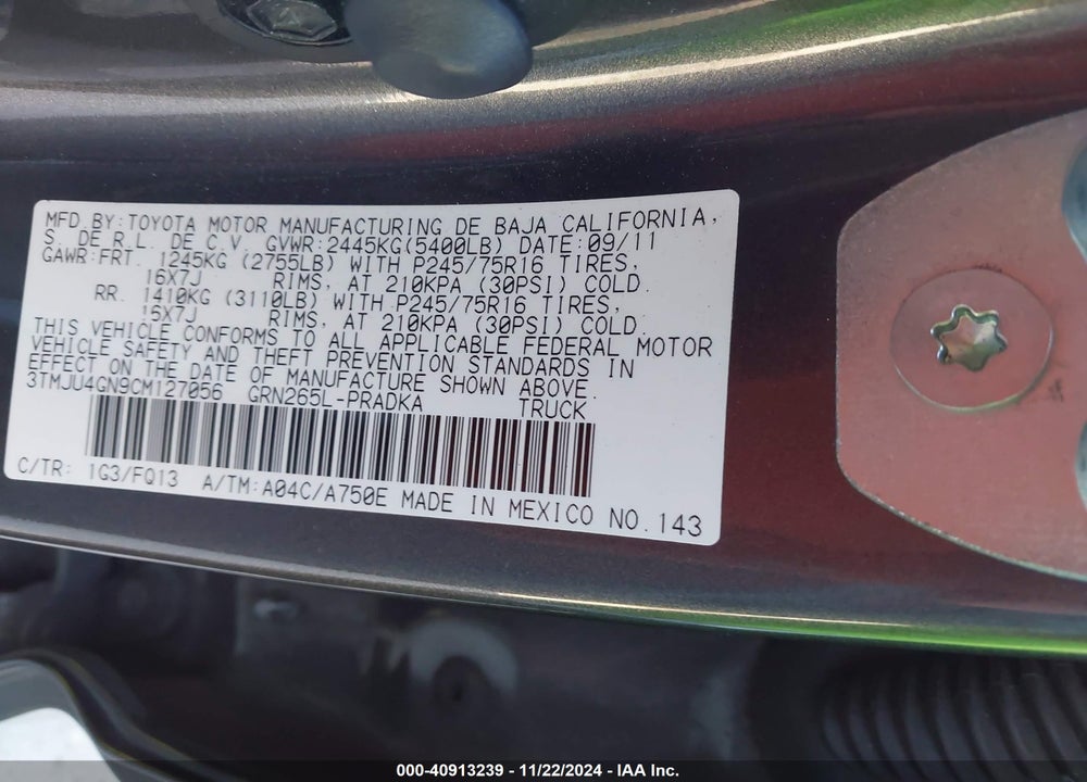 2012 TOYOTA TACOMA DOUBLE CAB PRERUNNER VIN: 3TMJU4GN9CM127056