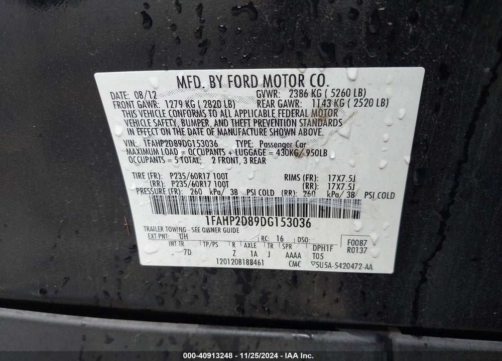 2013 FORD TAURUS SE VIN: 1FAHP2D89DG153036