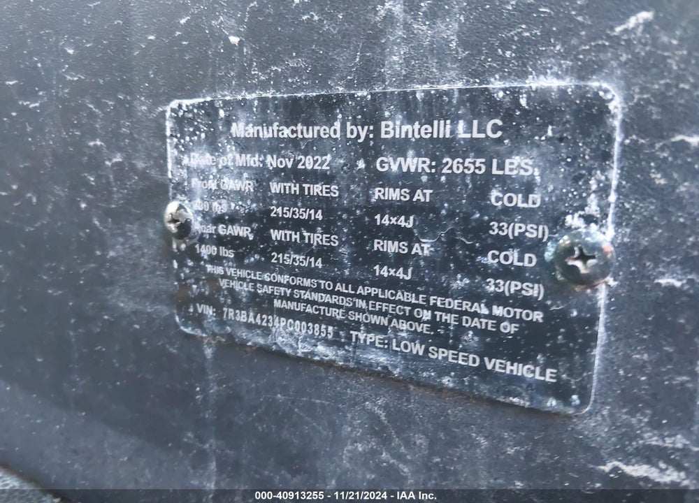 2023 BINITELLI GOLF CART VIN: 7R3BA4234PC003855