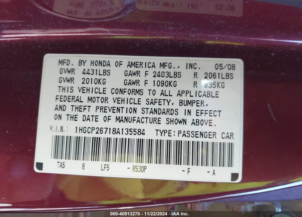 2008 HONDA ACCORD 2.4 EX VIN: 1HGCP26718A135584