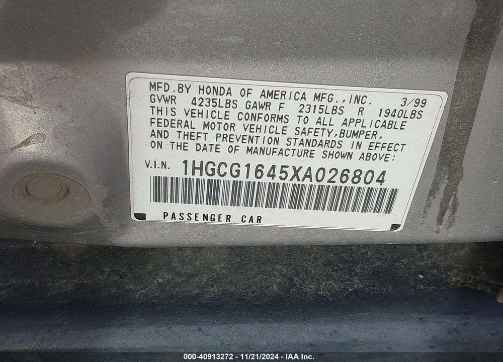 1999 HONDA ACCORD LX V6 VIN: 1HGCG1645XA026804