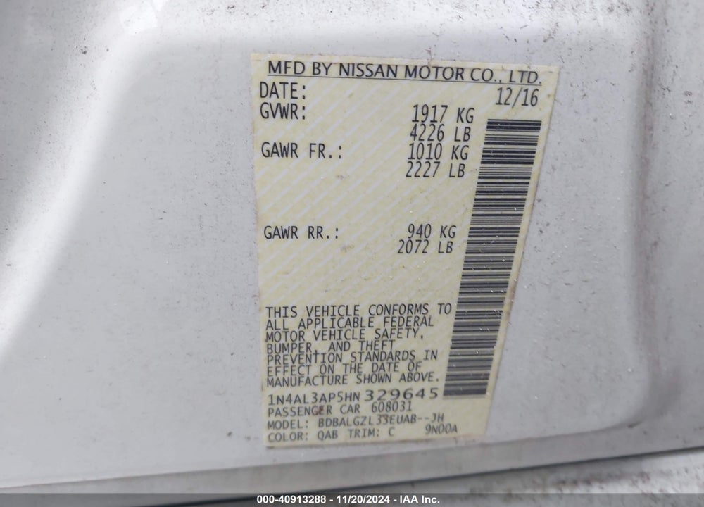 2017 NISSAN ALTIMA 2.5 S VIN: 1N4AL3AP5HN329645