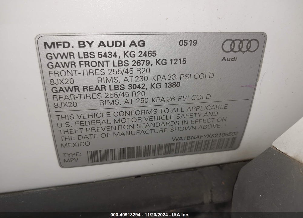 2019 AUDI Q5 45 PREMIUM VIN: WA1BNAFYXK2109502