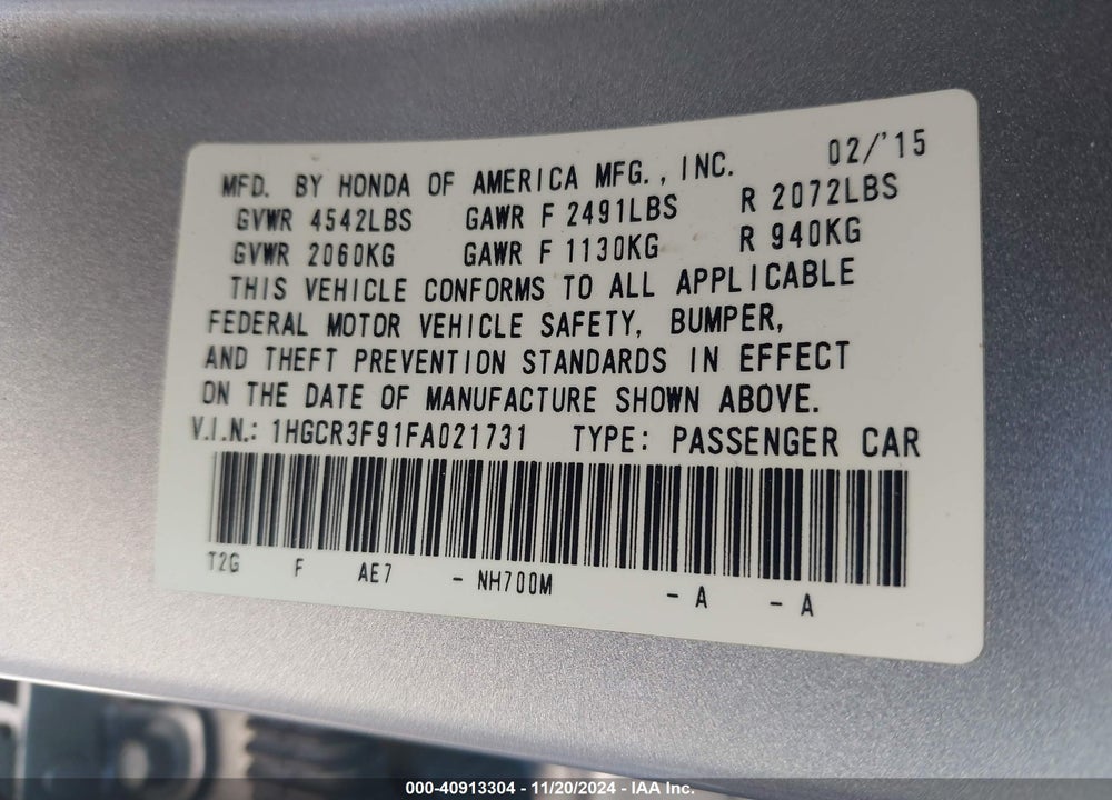 2015 HONDA ACCORD TOURING VIN: 1HGCR3F91FA021731