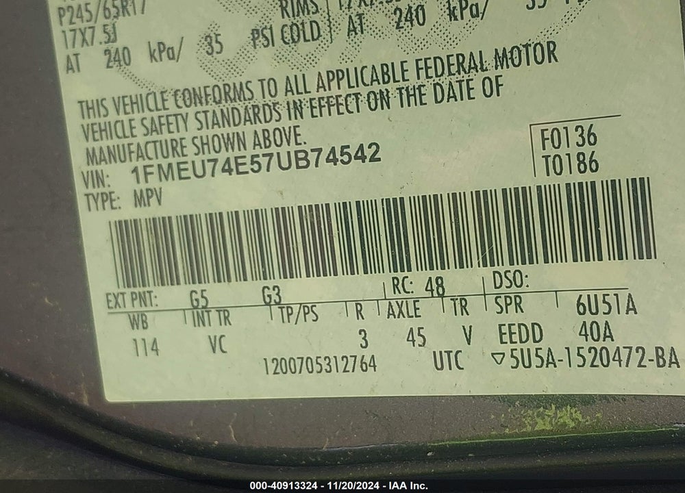 2007 FORD EXPLORER EDDIE BAUER VIN: 1FMEU74E57UB74542